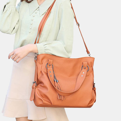 Women’s Tassel-Detail PU-Leather Tote Bag – Spacious Shoulder Handbag with Crossbody Carrying Option