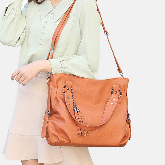 Women’s Tassel-Detail PU-Leather Tote Bag – Spacious Shoulder Handbag with Crossbody Carrying Option