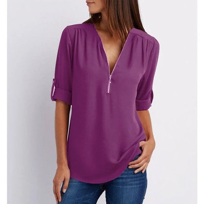 Women’s Blouse – Zip-Neck Flowing Blouse with Roll-Up Sleeves