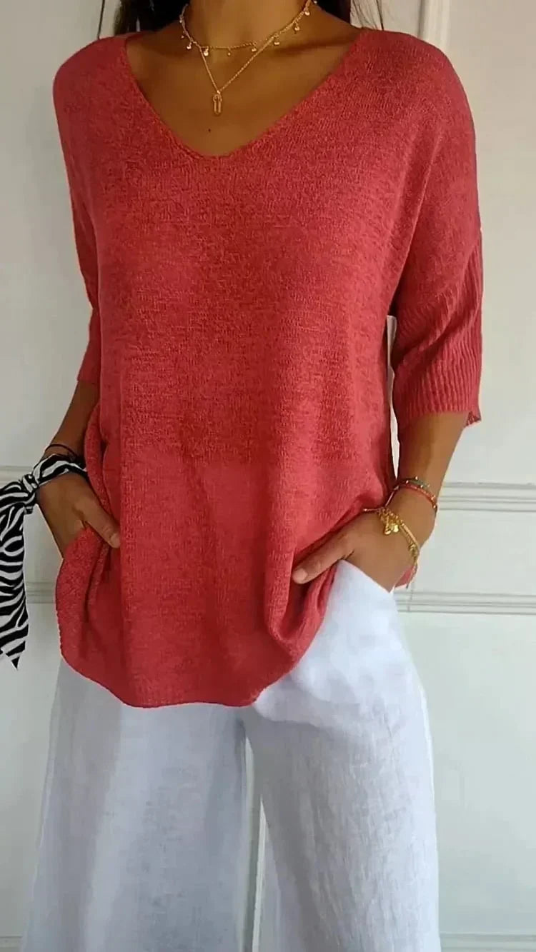 Women’s Relaxed V-Neck Knit Top – Lightweight Longline Layer for Everyday Styling