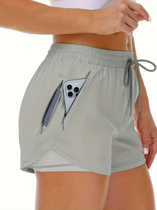 Women’s 2-in-1 Running Shorts – Lightweight Layered Fitness Style with Zip Pockets