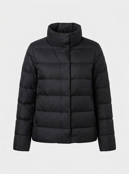 Women’s Lightweight Down Puffer Jacket – Short Stand-Collar Insulated Layer for Refined Winter Styling