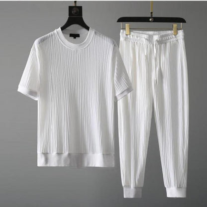 Men’s Pleated Two-Piece T-Shirt Set – Textured Crew-Neck Top with Relaxed Jogger Trousers
