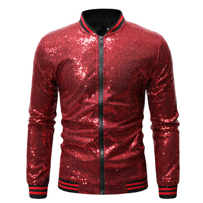 Men’s Sequin Bomber Jacket – Full-Zip Party Jacket with Ribbed Striped Trims for Statement Evening Wear