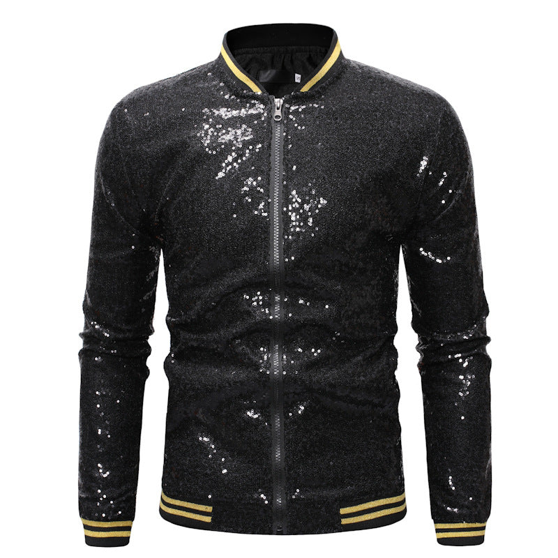 Men’s Sequin Bomber Jacket – Full-Zip Party Jacket with Ribbed Striped Trims for Statement Evening Wear