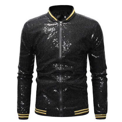 Men’s Sequin Bomber Jacket – Full-Zip Party Jacket with Ribbed Striped Trims for Statement Evening Wear
