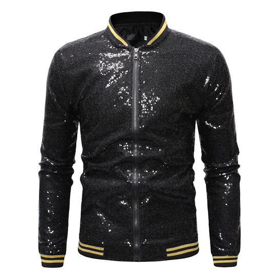 Men’s Sequin Bomber Jacket – Full-Zip Party Jacket with Ribbed Striped Trims for Statement Evening Wear