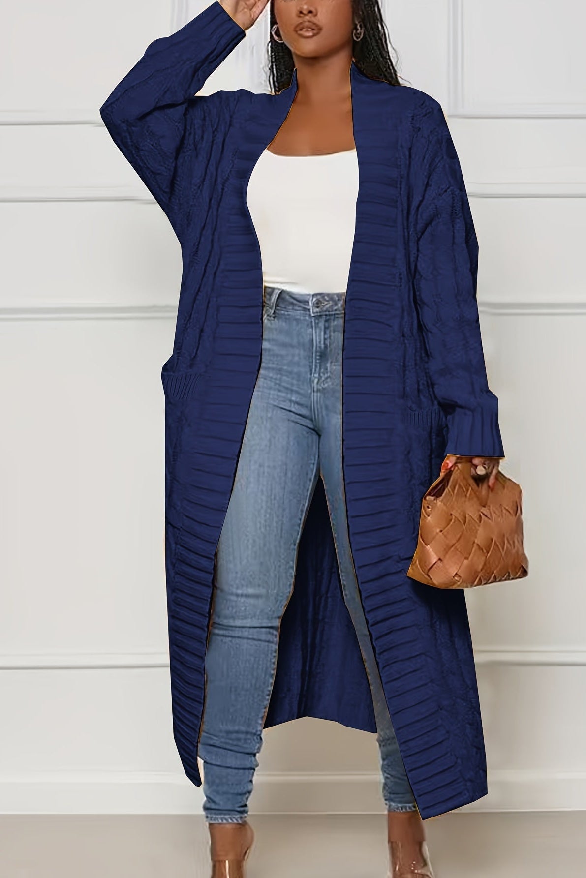 Women’s Long Cardigan – Ribbed V-Neck Longline Cardigan