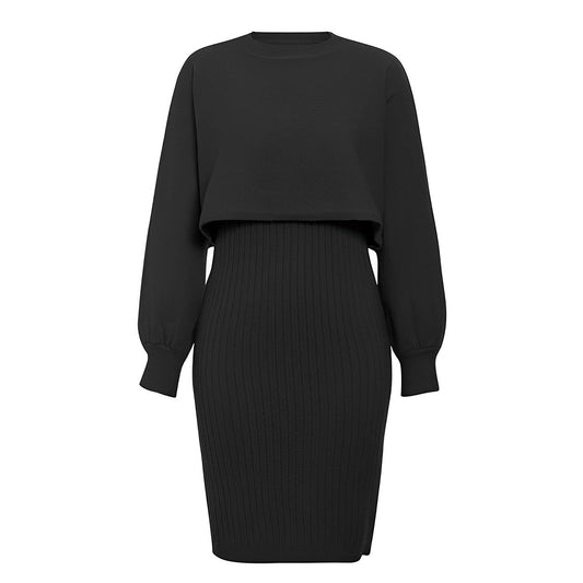 Women’s Lantern-Sleeve Knit Skirt Set – Cropped Crew-Neck Jumper with Ribbed Midi Skirt for Autumn and Winter