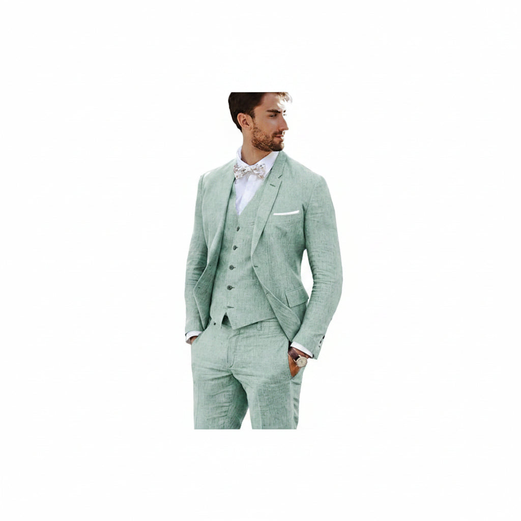 Men’s Tailored Linen Suit Set – Slim Three-Piece Style for Weddings and Formal Events