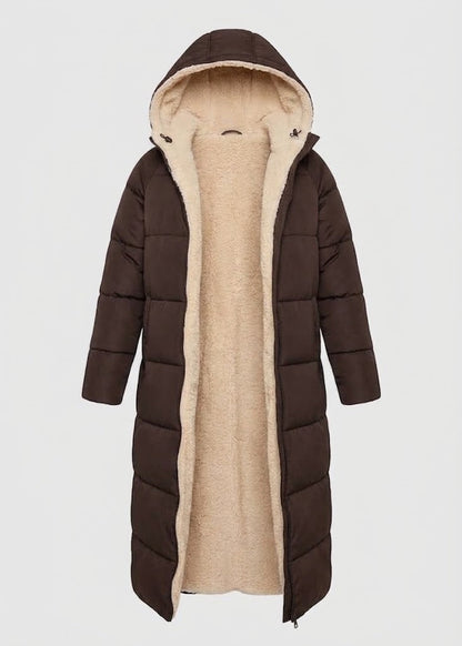 Women’s Sherpa-Lined Long Puffer Coat – Hooded Winter Layer for Cosy Coverage