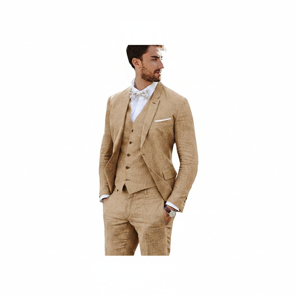 Men’s Tailored Linen Suit Set – Slim Three-Piece Style for Weddings and Formal Events