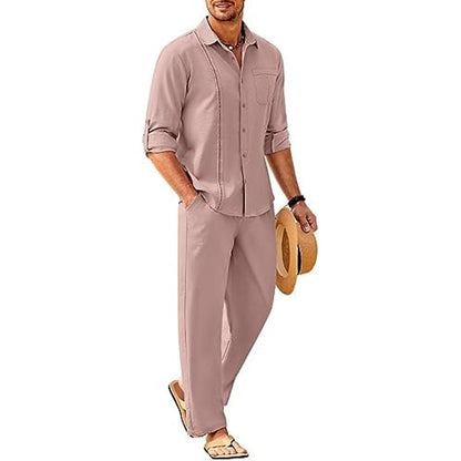 Men’s Long-Sleeve Linen Outfit Set – Relaxed Shirt and Trousers for Summer Wear