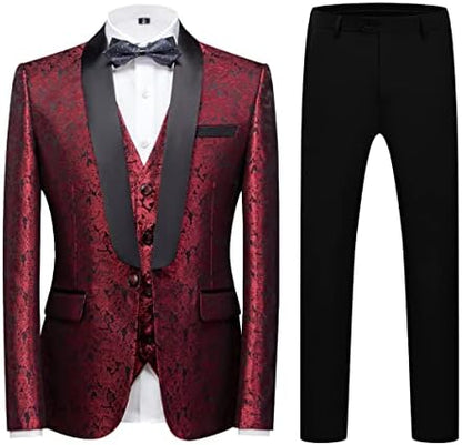 Men’s Paisley Three-Piece Tuxedo – Shawl-Lapel Formal Set for Weddings and Events