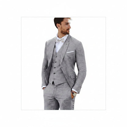 Men’s Tailored Linen Suit Set – Slim Three-Piece Style for Weddings and Formal Events