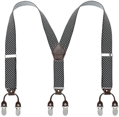 Men’s Checked Y-Back Braces – Adjustable Six-Clip Suspenders for Smart and Formal Styling