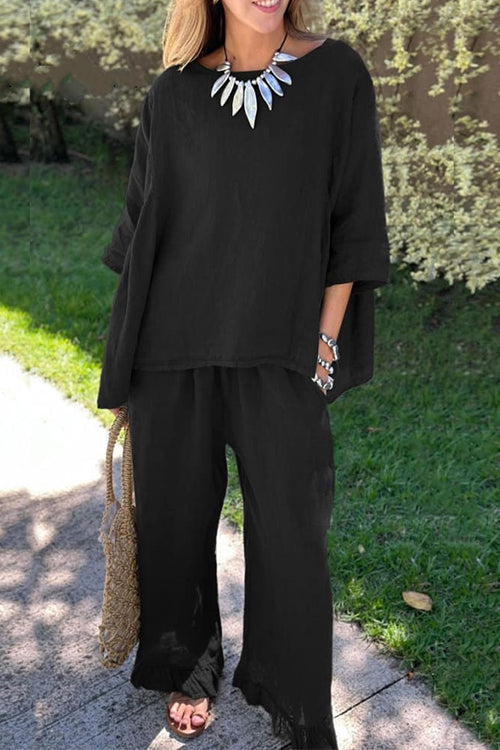 Women’s Cotton-Linen Two-Piece Set – Relaxed Three-Quarter Sleeve Top with Ruffle-Hem Wide-Leg Trousers