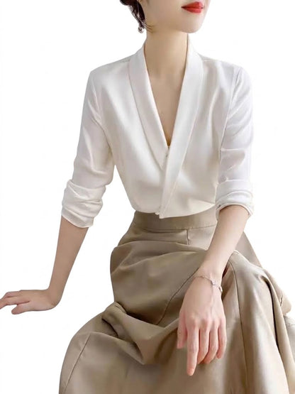 Women’s Satin V-Neck Blouse – Elegant Long-Sleeve Style for Office and Evening Wear