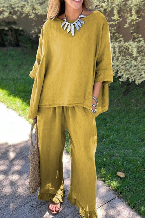 Women’s Cotton-Linen Two-Piece Set – Relaxed Three-Quarter Sleeve Top with Ruffle-Hem Wide-Leg Trousers