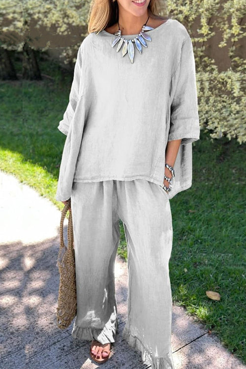 Women’s Cotton-Linen Two-Piece Set – Relaxed Three-Quarter Sleeve Top with Ruffle-Hem Wide-Leg Trousers