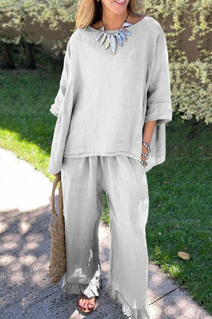 Women’s Cotton-Linen Two-Piece Set – Relaxed Three-Quarter Sleeve Top with Ruffle-Hem Wide-Leg Trousers