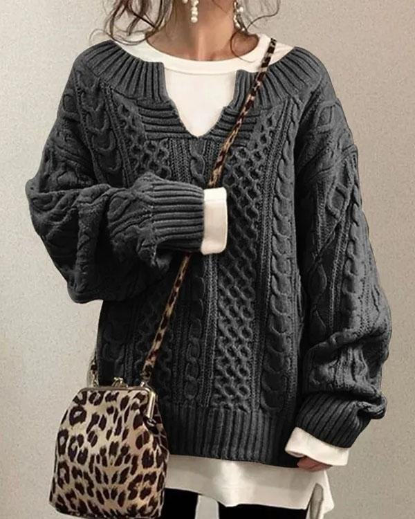 Women’s Oversized Jumper – Chunky Cable-Knit Jumper with V-Neck