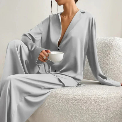 Women’s Relaxed Pyjama Co-Ord Set – Button-Up Long-Sleeve Shirt with Wide-Leg Trousers for Sleep and Lounge Wear
