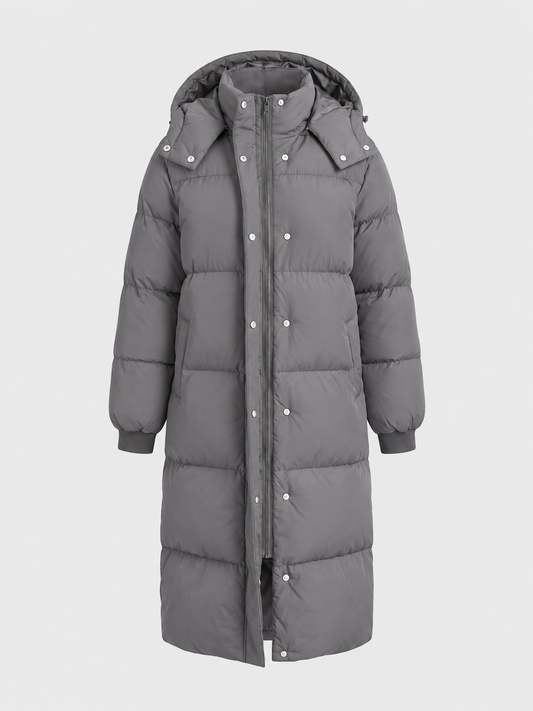 Women’s Extended-Length Hooded Puffer Coat – Insulated Winter Outerwear for Warm Everyday Coverage