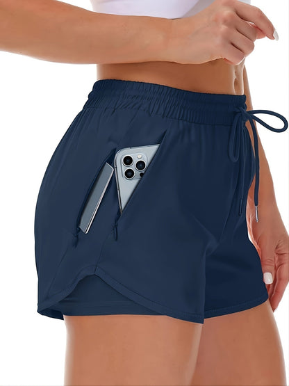 Women’s 2-in-1 Running Shorts – Lightweight Layered Fitness Style with Zip Pockets
