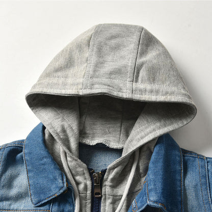 Men’s Layered Hooded Denim Jacket – Button-Front Trucker Design with Zip-Up Inner Layer and Chest Pockets