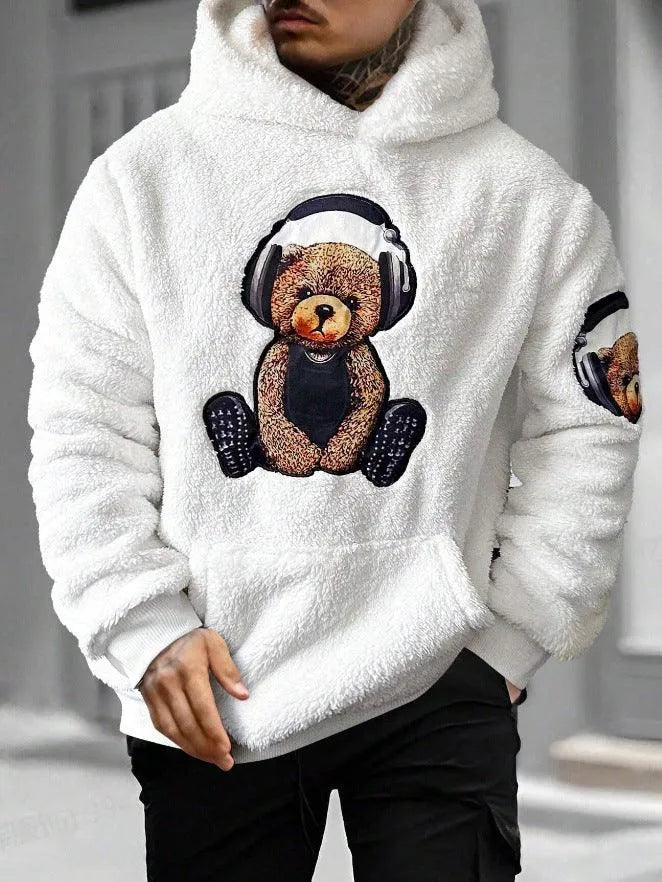 Men’s Teddy Fleece Hoodie – Plush Bear Print Pullover for Casual Winter Wear