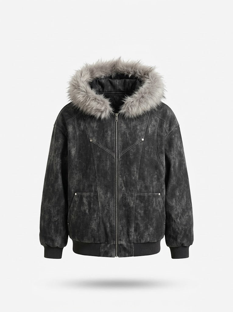 Men’s Fur-Trimmed Hooded Bomber Jacket – Oversized Zip-Up Winter Coat with Utility Pockets