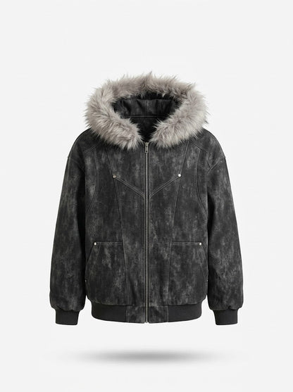 Men’s Fur-Trimmed Hooded Bomber Jacket – Oversized Zip-Up Winter Coat with Utility Pockets