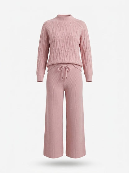 Women’s Cable-Knit Trouser Co-Ord Set – Soft Long-Sleeve Sweater with Wide-Leg Drawstring Trousers for Cosy Everyday Wear