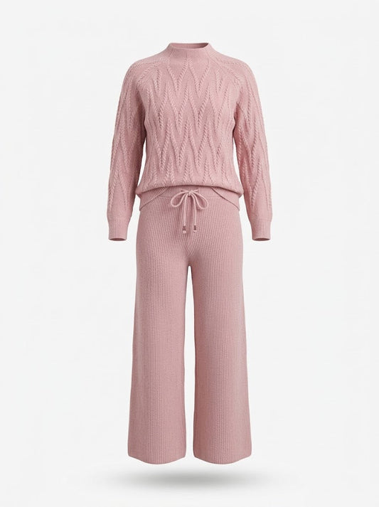 Women’s Cable-Knit Trouser Co-Ord Set – Soft Long-Sleeve Sweater with Wide-Leg Drawstring Trousers for Cosy Everyday Wear