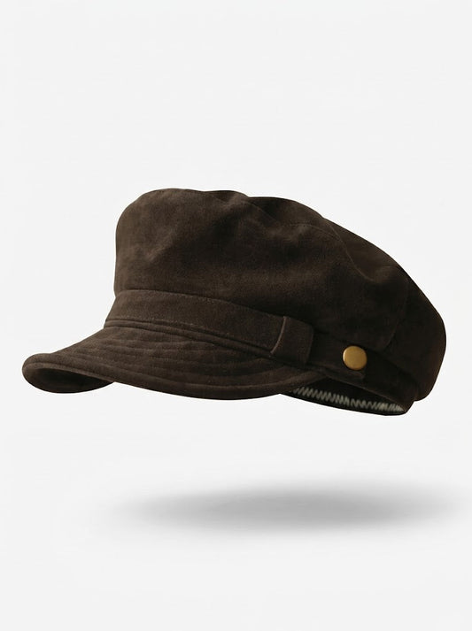 Women’s Suede Baker Boy Cap – Vintage Marine-Style Flat-Brim Winter Newsboy Hat with Decorative Button