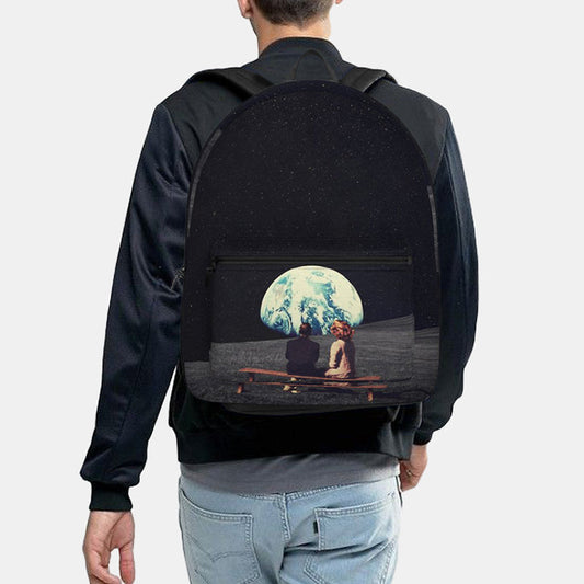Unisex Space-Print Backpack – Earth and Moon Graphic Design with Front Zip Pocket and Carry Handle