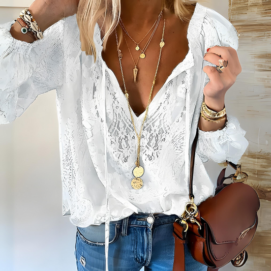 Women’s Boho V-Neck Blouse – Relaxed Lace-Detail Top for Summer Day and Weekend Wear