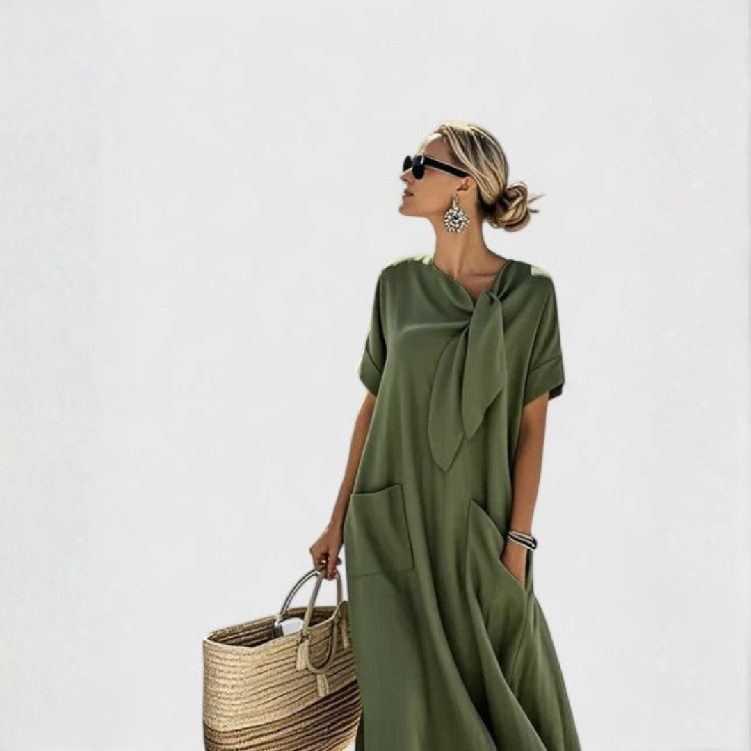 Women’s Relaxed Tie-Neck Midi Dress – Pocket Summer Day Dress for Travel and Casual Wear