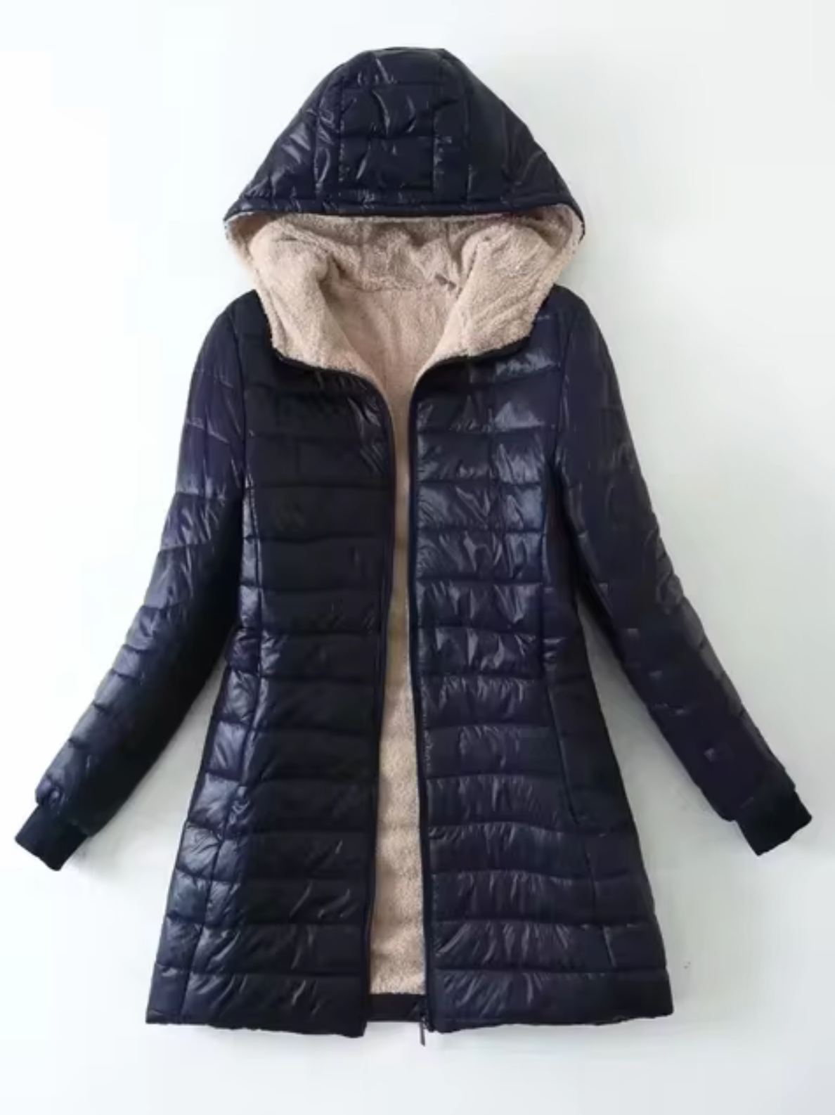 Women’s Plush Fleece-Lined Hooded Quilted Coat – Warm Mid-Length Winter Layer