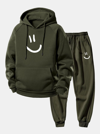 Men’s Loose Fit Hoodie Tracksuit – Printed Polyester Set with Tapered Joggers