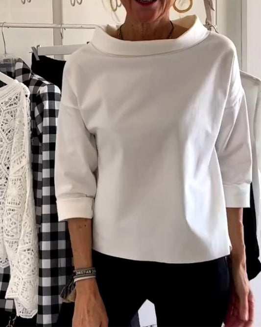 Women’s Fold-Over Neck Blouse – Relaxed Three-Quarter Sleeve Style for Office and Everyday Wear