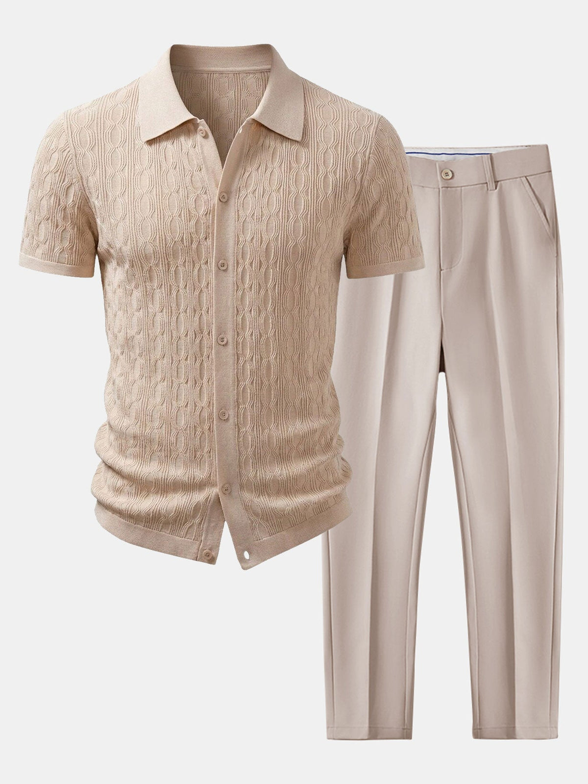 Men’s Viscose Textured Knit Shirt and Stretch Tapered Trousers – Smart Casual Summer Set