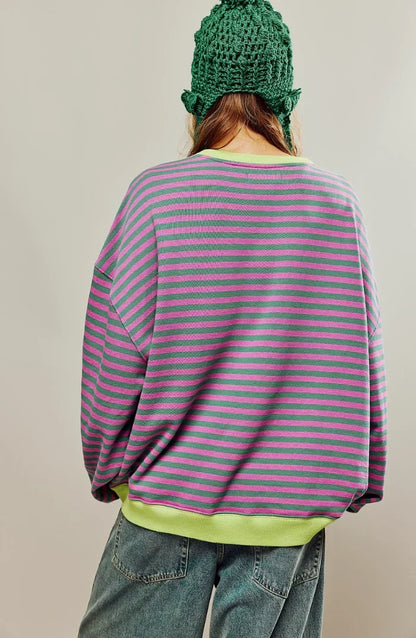 Women’s Striped Sweatshirt – Contrast Trims with Dropped Shoulders