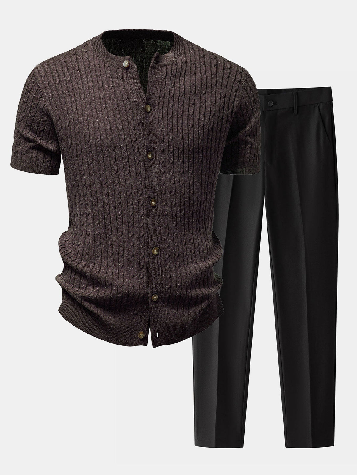 Men’s Cable-Knit Button Shirt with Tapered Trousers – Refined Smart Casual Set