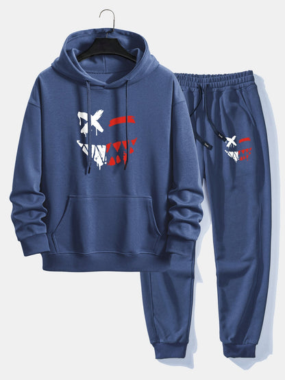 Men’s Casual Two-Piece Tracksuit – Cotton Blend Printed Hoodie with Joggers