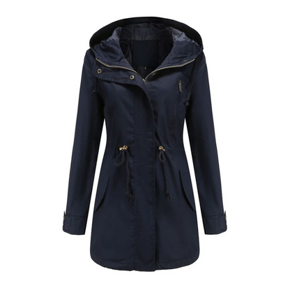 Women’s Hooded Drawstring Utility Parka – Mid-Length Zip-Front Jacket with Adjustable Waist and Practical Pockets
