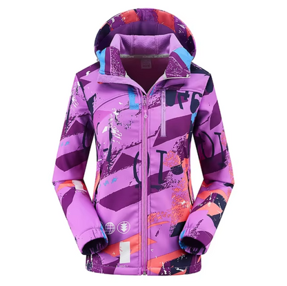 Women’s Printed Hooded Softshell Jacket – Thermal Windproof Outdoor Layer with Waterproof Protection for Hiking and Winter Activities
