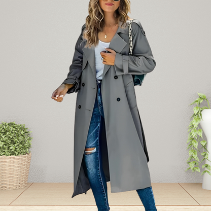 Women’s Long Trench Coat – Double-Breasted with Tie Belt