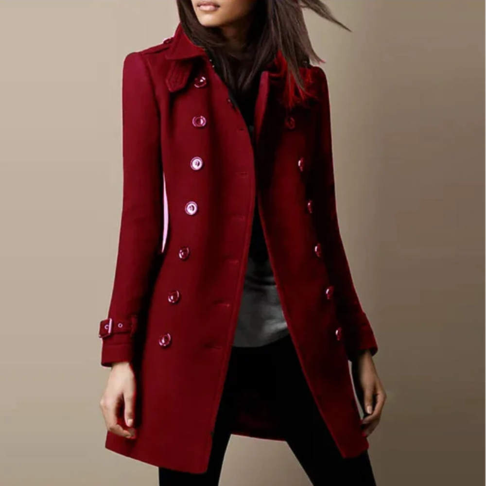 Women’s Trench Coat – Double-Breasted Knee-Length Coat with Sleeve Straps